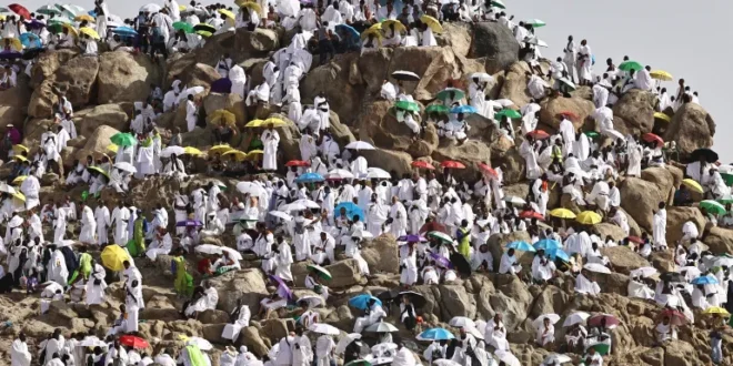 Hajj pilgrims gather at Mount Arafat under scorching desert sun.. Video